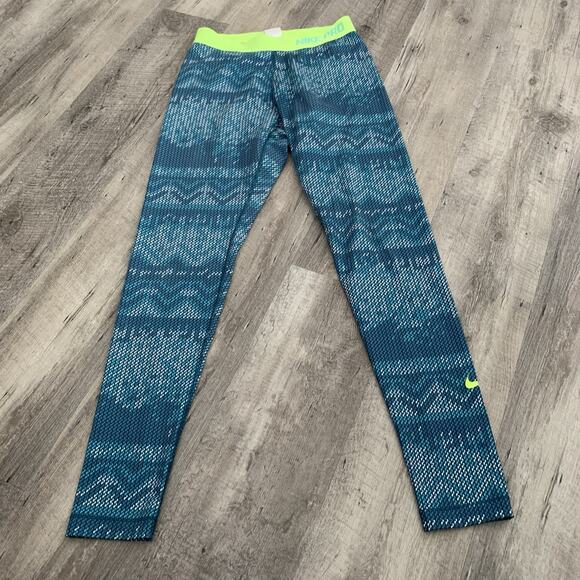 NIKE Pro Dry-Fit Pants Womens Large Green Geometric Print Full Tight 622317-483 - Picture 1 of 7